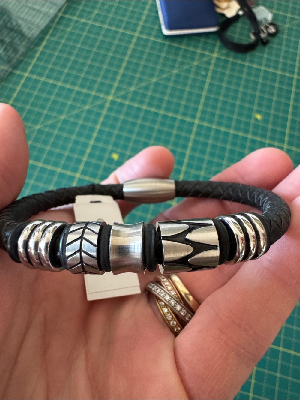Braided Black Leather Bracelet with Silver Accents - Picture 3 of 5